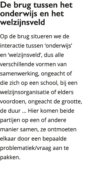 De brug tussen het onderwijs en het welzijnsveld Op de brug situeren we de interactie tussen onderwijs en welzijns 