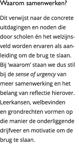 Waarom samenwerken Dit verwijst naar de concrete uitdagingen en noden die door scholen én het welzijnsveld worden er 