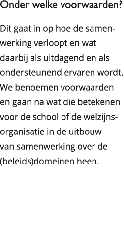Onder welke voorwaarden Dit gaat in op hoe de samenwerking verloopt en wat daarbij als uitdagend en als ondersteunen 