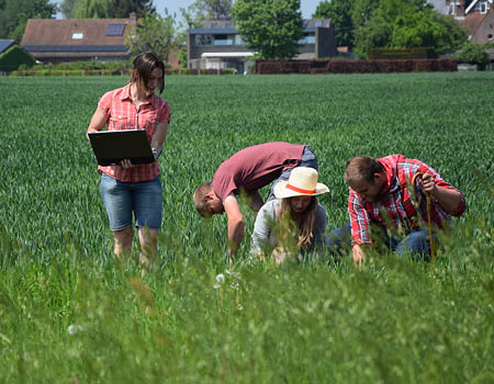 Landbouwstudenten aan de slag op de proefhoeve in Bottelare tijdens een praktijkles.